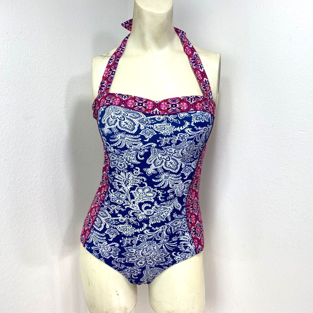 Adore Me 1-Piece Swimsuit Med Blue Red Bandana Print Halter Built In Bra Lined